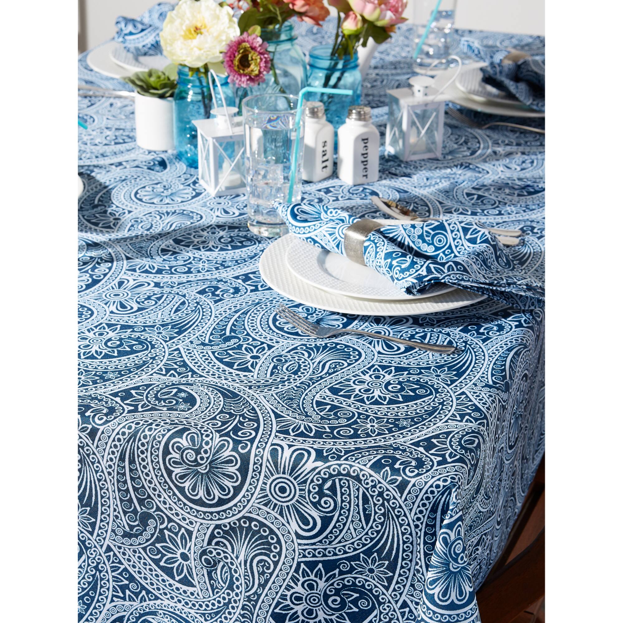 Blue Paisley Print Outdoor Tablecloth 60" Round